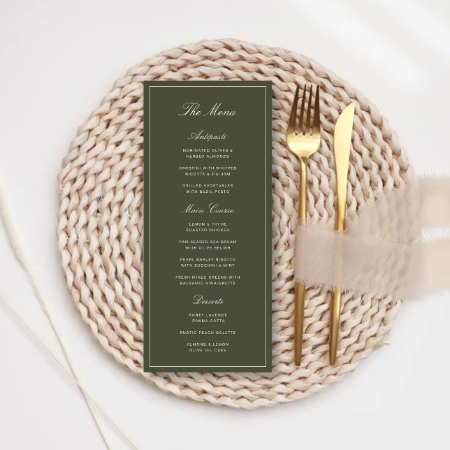 Elegante menú de boda clásico en verde polvoriento (Elegant dusty green wedding menus add timeless elegance to your beautifully planned reception.)
