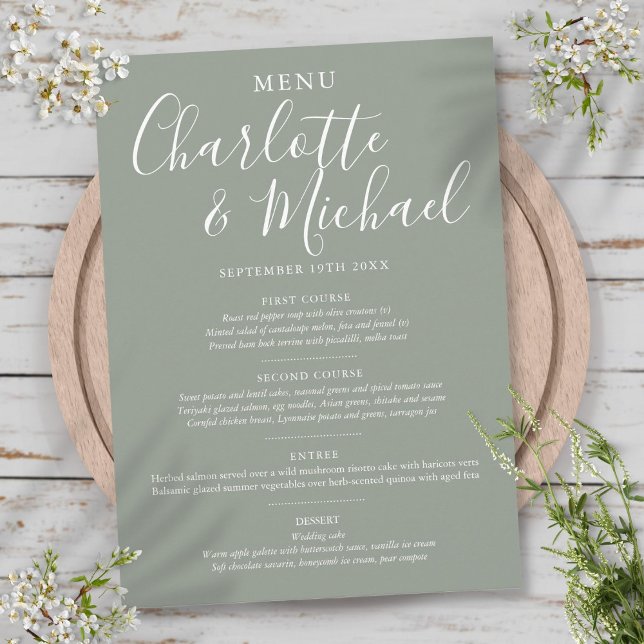 Elegante Menú de Boda con Firma de Salvia de Plata (Elegant Silver Sage Signature Wedding Menu)