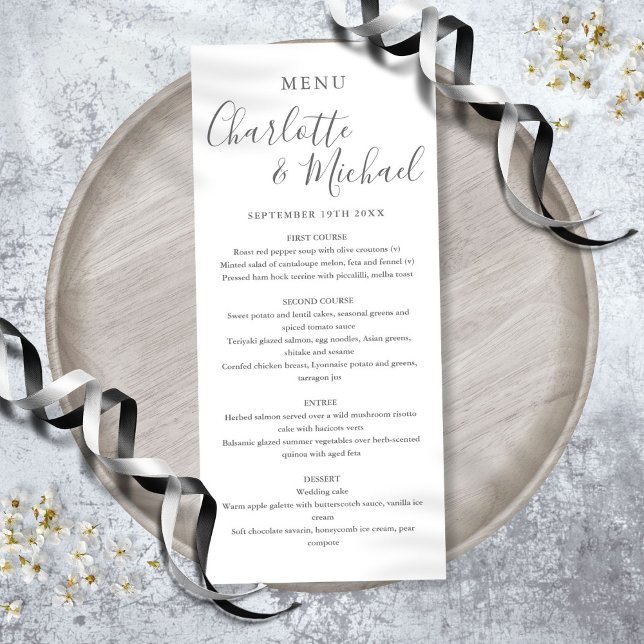 Elegante menú de boda con firma en gris y blanco (Elegant Gray And White Signature Wedding Menu)