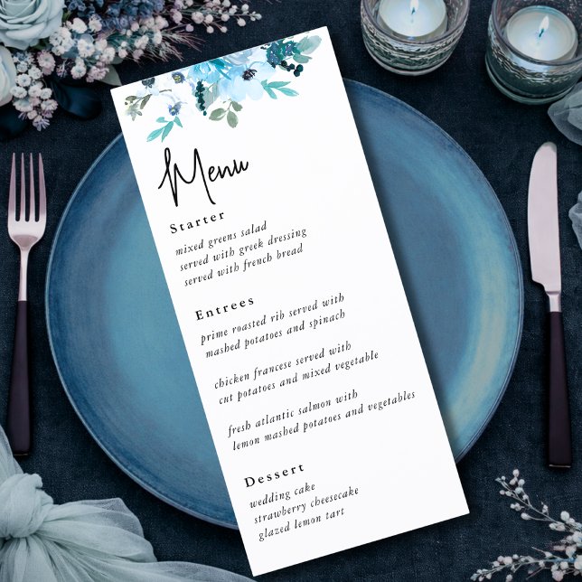 Elegante menú de boda con flores blancas de azul p (Subido por el creador)