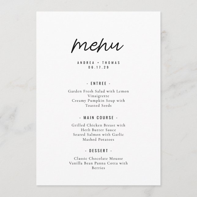 Elegante Menú de Boda con Letra Script Minimalista (Anverso)
