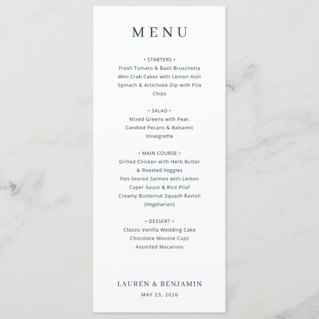 Elegante Menú de Boda con letra Serif Blanca (Anverso)