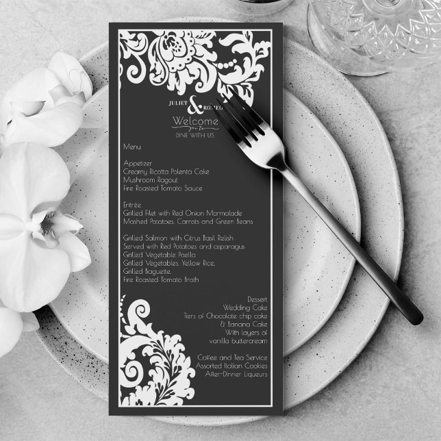Elegante Menú De Boda De Damasco Floral Blanco Y N (Elegant black and white floral damask wedding menu)