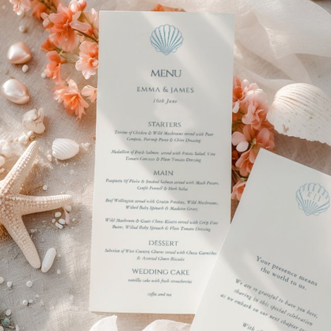 Elegante menú de boda de doble cara de concha mari (Elegant Blue Seashell Ivory Double Side Wedding Menu)