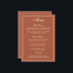Elegante menú de Boda de escritura blanca de terra<br><div class="desc">Una forma elegante de mostrar a sus huéspedes sus opciones de menú. En terracota naranja con escritura blanca. Se ha combinado un elegante tipo de letra boda de guiones con un estilo moderno, todo tipo de letra caps, creando un elegante y sencillo menú boda. Se ha asignado un amplio espacio...</div>
