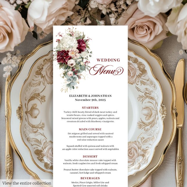 Elegante menú de boda de moda de rosas de oro rojo (Elegant boho deep red gold roses chic wedding menu)