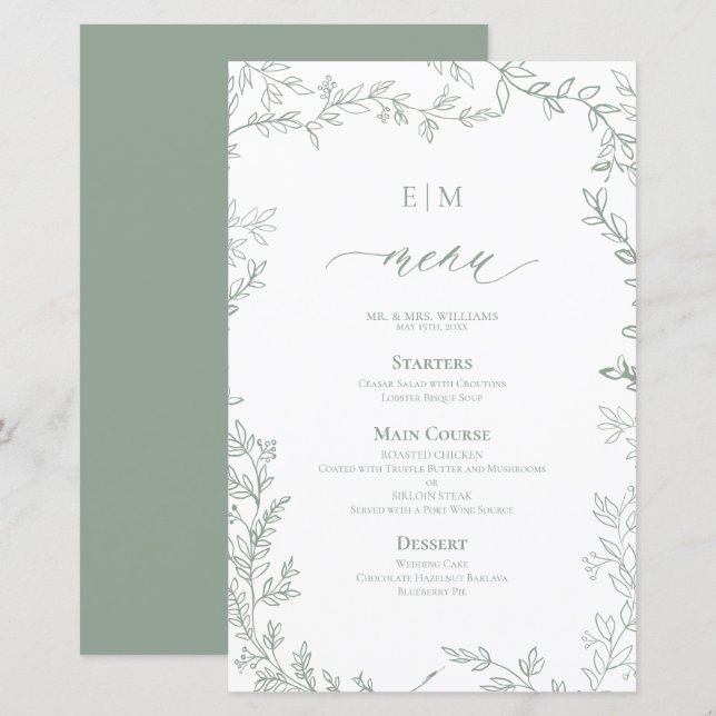 Elegante menú de Boda de Monograma Verde Sage de L (Anverso / Reverso)