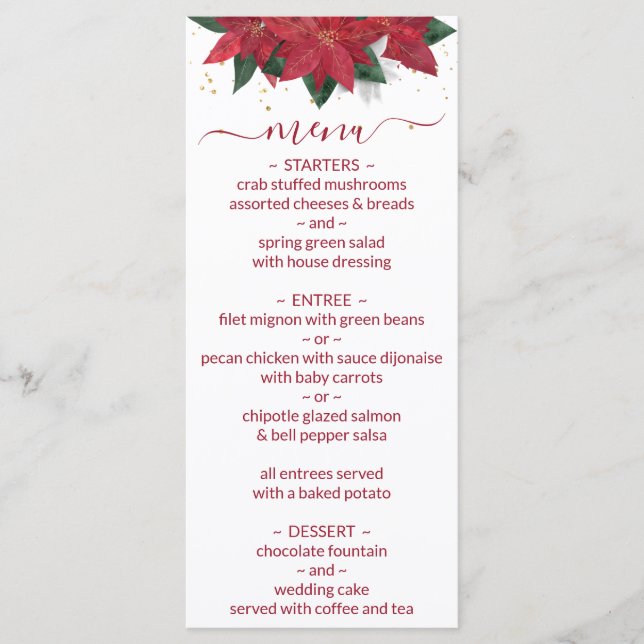 Elegante menú de Boda de Navidades rojos de Poinse (Anverso)
