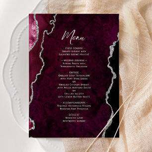Elegante menú de boda de plata y ágata de Borgoña