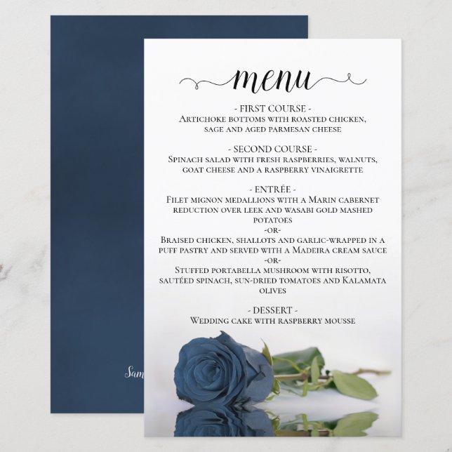 Elegante menú de Boda de presupuesto con Rosa azul (Anverso / Reverso)