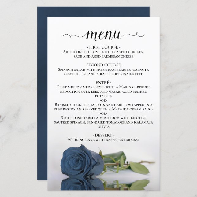 Elegante menú de Boda de presupuesto con Rosa azul (Anverso / Reverso)