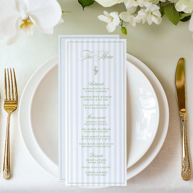 Elegante menú de Boda de rayas verdes y azules (Elegant Sage Green & Beige Striped Wedding Menu)
