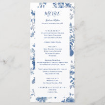 Elegante Menú de Boda de Toile Floral Azul Francés