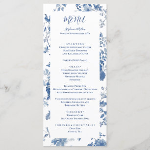 Elegante Menú de Boda de Toile Floral Azul Francés
