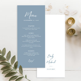 Elegante menú de boda en azul polvoriento con cali