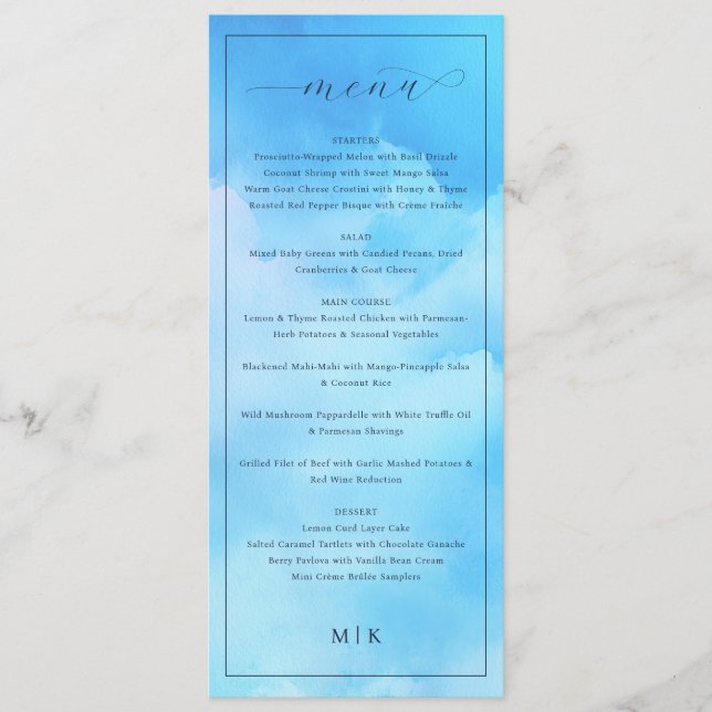 Elegante Menú de Boda en Letra Cursiva Azul (Anverso)