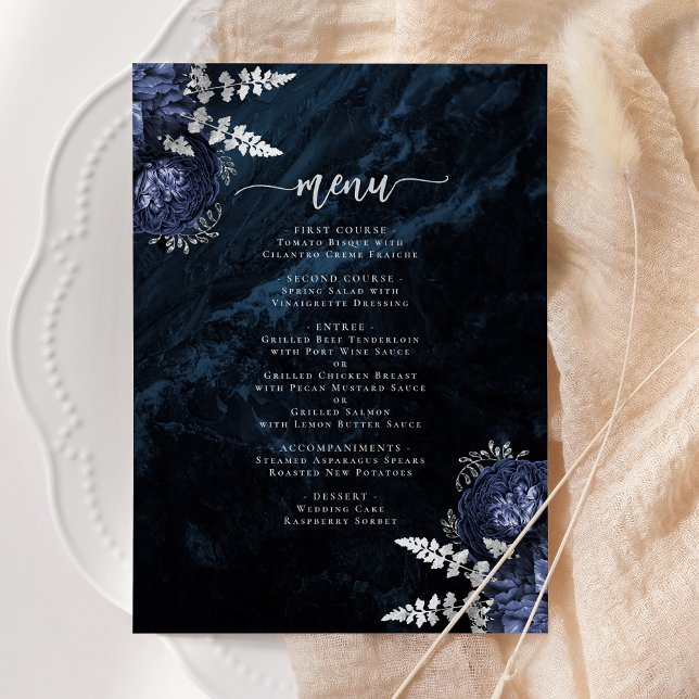 Elegante menú de boda floral azul marino plateado (Subido por el creador)
