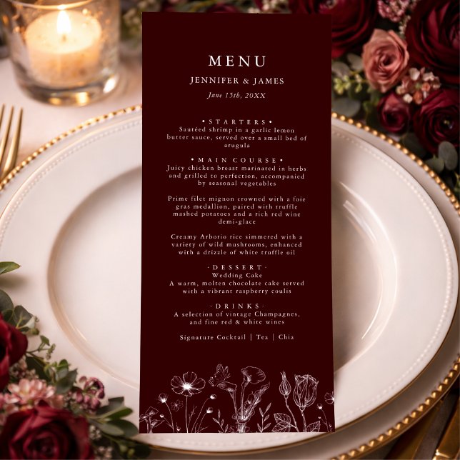 Elegante menú de boda floral de Borgoña (Subido por el creador)