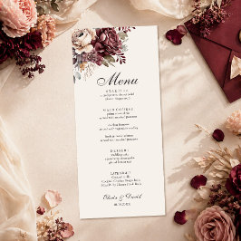 Elegante Menú de Boda Floral de Borgoña y Rosa Pol