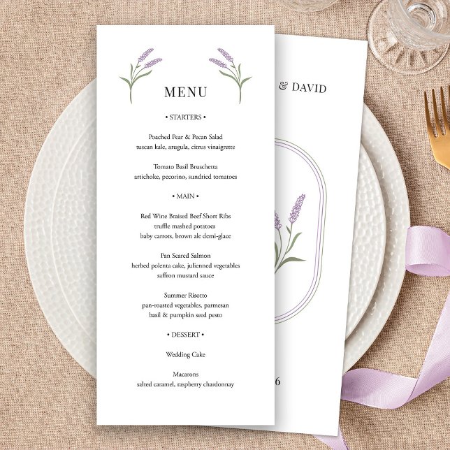 Elegante menú de Boda floral de Lavanda (Elegant Lavender Floral Wedding Menu by Fiesta Valley Print)