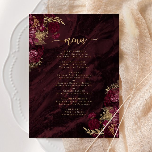 Elegante Menú de Boda Floral Rojo Borgoña (Subido por el creador)