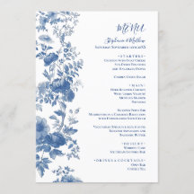 Elegante Menú de Boda Floral Toile Azul Francés
