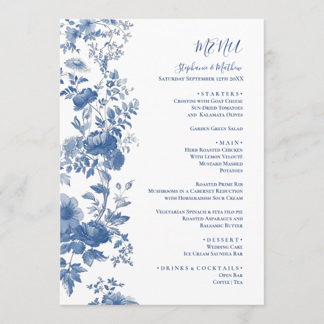 Elegante Menú de Boda Floral Toile Azul Francés (Anverso)