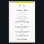 Elegante menú de Boda formal monograma dorado<br><div class="desc">Elegante menú de bodas con su monograma y un borde en oro falso. Los encabezados y los nombres están en caligrafía. Estos menús bodas,  sencillos y clásicos,  son excelentes para un boda formal y se imprimen en hojas de papel para una opción económica y económica.</div>