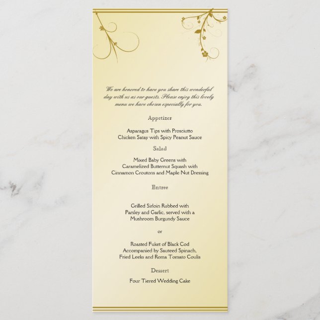 Elegante menú de Boda gay floral dorado (Anverso)
