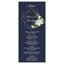 Elegante menú de boda geométrico azul marino con c