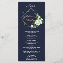 Elegante menú de boda geométrico azul marino con c
