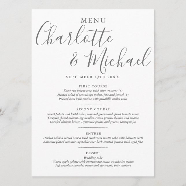 Elegante menú de boda gris y blanco con firma (Anverso)