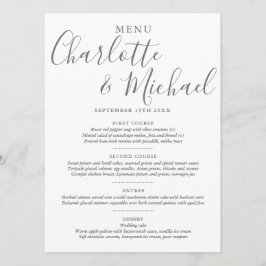 Elegante menú de boda gris y blanco con firma