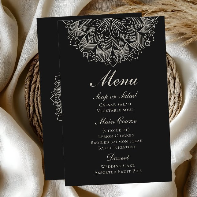 Elegante menú de boda indio boho negro con mandala (Subido por el creador)
