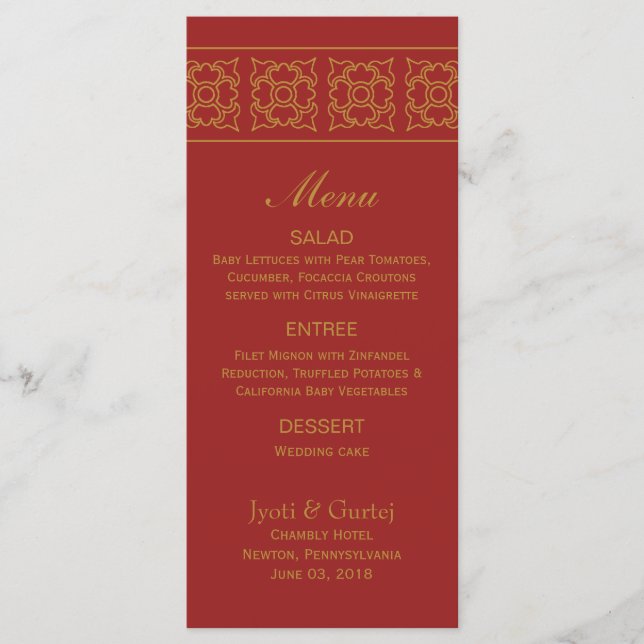 Elegante menú de Boda indio con patrones (Anverso)