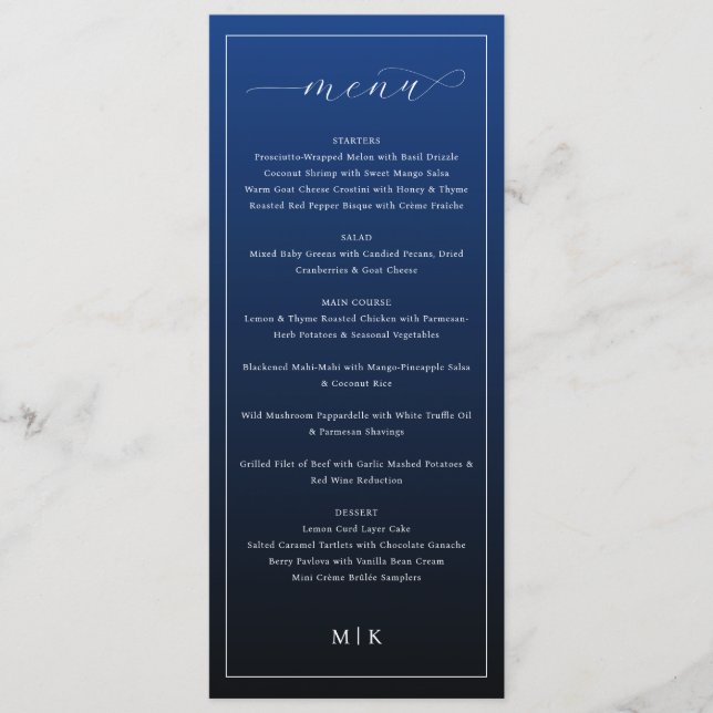 Elegante Menú de Boda Minimalista Azul Marino (Anverso)