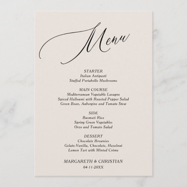 Elegante menú de Boda Minimalista de arena (Anverso)