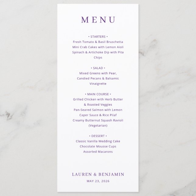 Elegante Menú de Boda Minimalista Morado (Anverso)