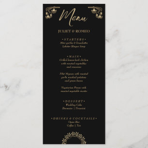 Elegante menú de boda negro en oro Art Deco