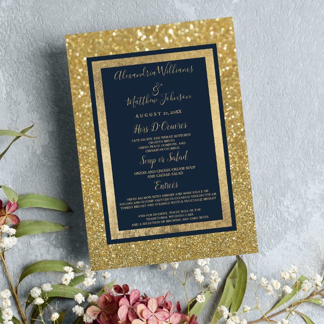 Elegante menú de Boda Purpurina Moda Navy Blue Gol (Elegant Chic Navy Blue Gold Glitter Wedding Menu)