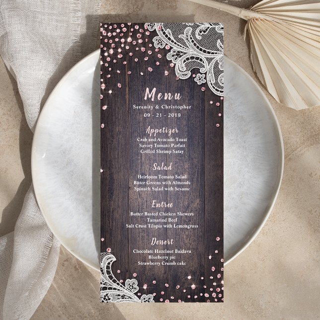 Elegante menú de boda rústico purpurina de madera  (Elegant Lace wood pink glitter rustic wedding menu)