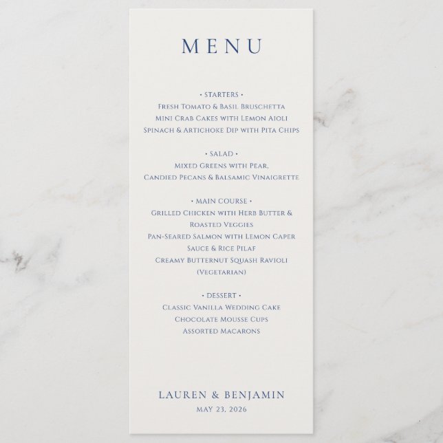 Elegante Menú de Boda Serif Azul Marino (Anverso)