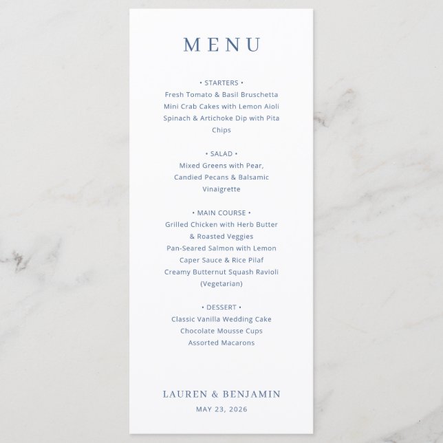 Elegante Menú de Boda Serif en Azul Marino (Anverso)