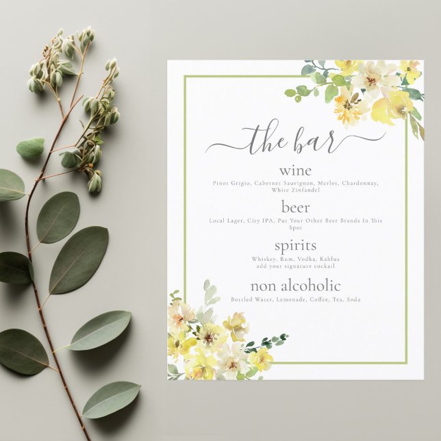 Elegante menú de Boda verde floral amarillo (Subido por el creador)