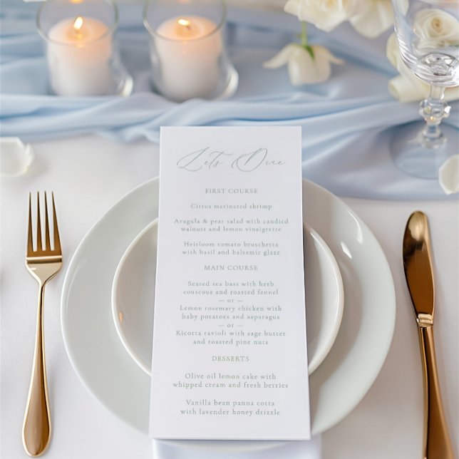 Elegante menú de Boda verde y blanco sabio (Elegant Sage Green & White Wedding Menu)
