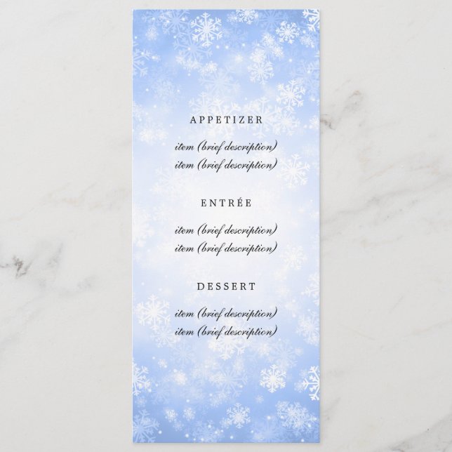 Elegante menú de bodas Blue Winter Wonderland (Anverso)