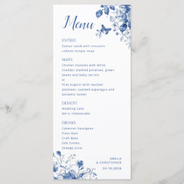 Elegante menú de bodas con delicadas flores azules