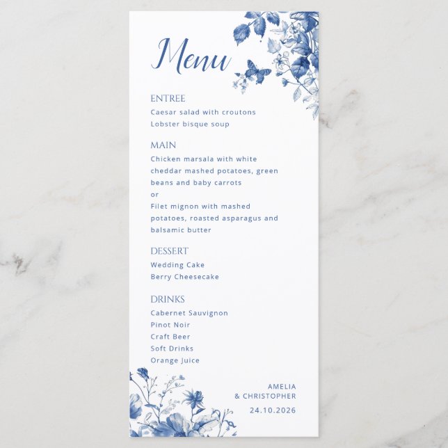 Elegante menú de bodas con delicadas flores azules (Anverso)