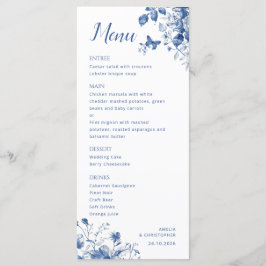 Elegante menú de bodas con delicadas flores azules