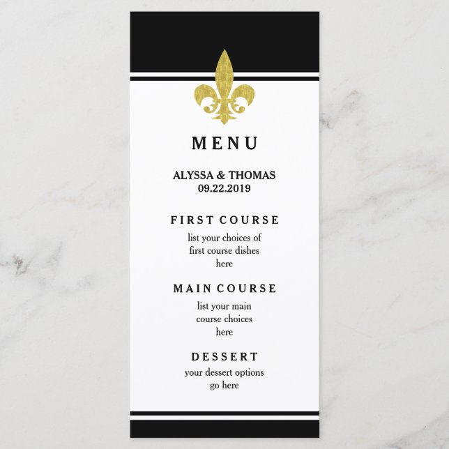 Elegante Menú de Bodas con Fleur de Lis Dorado y B (Anverso)